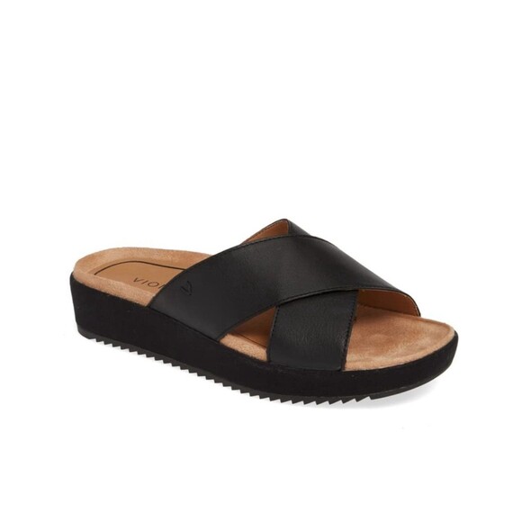 Vionic Shoes - Vionic Hayden Black Leather Wedge Slide Sandals size 7.5